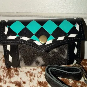 Stylish Cowhide Wallet with Teal Diamond Accents and Adjustable Strap for Everyday Use