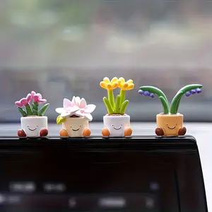 4pcs Lovely Car Ornaments, Potted Flower Car Decor, Mini Dashboard Decoration, Exquisite Luxury Feel, Dashboard Additions, Interior Car Additions, Cute Car Accessories, Car Decorations