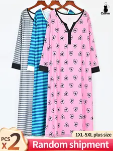 Plus Size Casual Women's Pajama Set, Elegant V-Neck Long Sleeve Dress Sleepwear, Loose Fit Comfortable Fall & Winter Fashion, 2 Pack Random Pattern