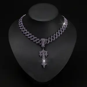 💜 Purple Iced Out Cross Sword Pendant Cuban Link Chain| Hip Hop Jewelry