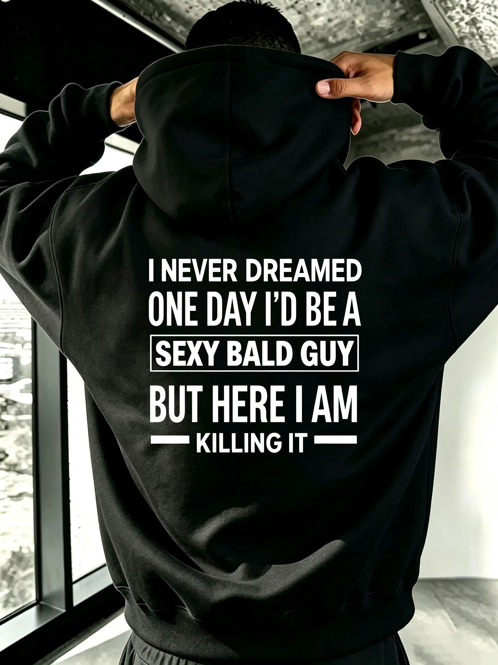 Fun bald head men's slogan back print hooded sweatshirt, American loose casual pullover hoodie 【Runs small, order one size up】