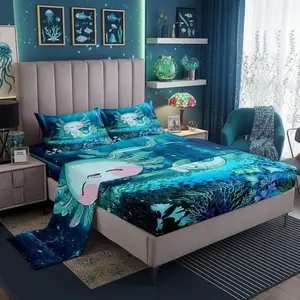 Cartoon 3D Print Axolotl Bed Sheet Set for Kids,Cute Ocean Animal Sheets Set,Undersea World Plant Home Decor Sheet Sets with Deep Pocket,Top Flat Sheet