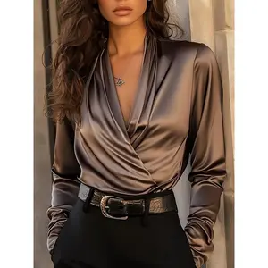 Women's Elegant Collar Blouse - Solid Brown/Black/Deep red/ Navy/Gray/Beige - Structured office & formal shirt - All-Season professional & everyday dress shirt - Hand Washable - Versatile for Casual or Formal Events - Tailored Fit - Non-Stretch Fabric - S