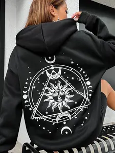 Women's Sun & Moon Print Hoodie, Casual Drawstring Pocket Hooded Sweatshirt for Fall & Winter, Women's Clothes for Daily Wear