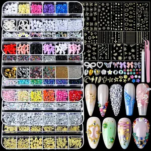 [ NEW DEAL ] Nail Charms Nail Gems with 15 Sheets Gold Nail Stickers, 6 Boxes of Rhinestones for Nails Art Tools, 3D Nail Decals Pearls for Nails