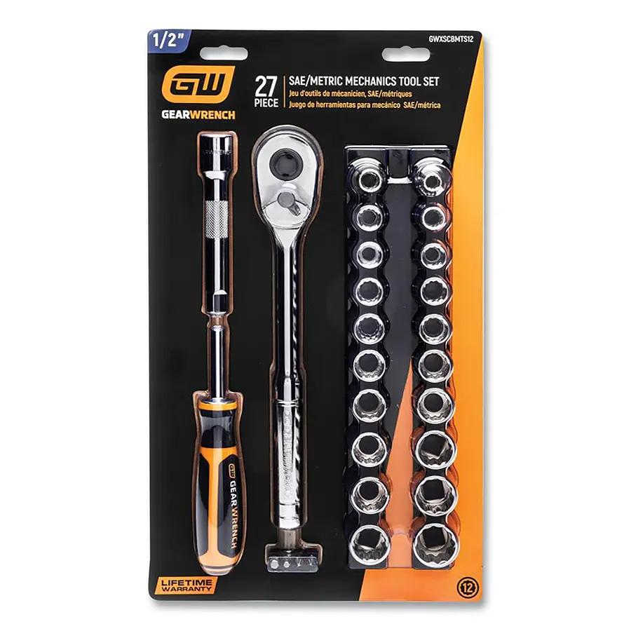 Gearwrench Industrial Heavy Duty Ratchet Wrench Sets - 329-GWXSCBMTS12 1/2 in. Drive Mechanics Hand Tool Set, Bright Full Polish Chrome Finish Socket Rail & Bit Holder, Metric & SAE, 27-Piece, Pack of 2, 0.5" Drive Size, On/Off Switch, Socket Rail Set