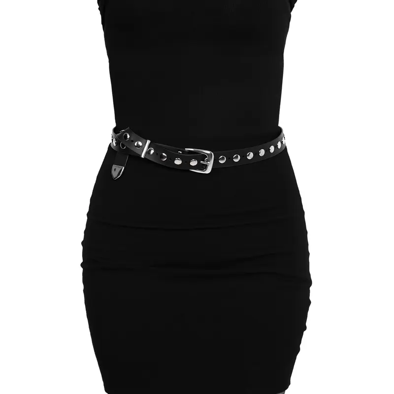 Foxblood Shop Signature Unisex Vegan Leather Belt - Solid with Circle Studding, Silver Buckle, Sleek Edge, Adjustable Casual Belt, 3x/4x Multi-Size, High or Low Waist Compatible