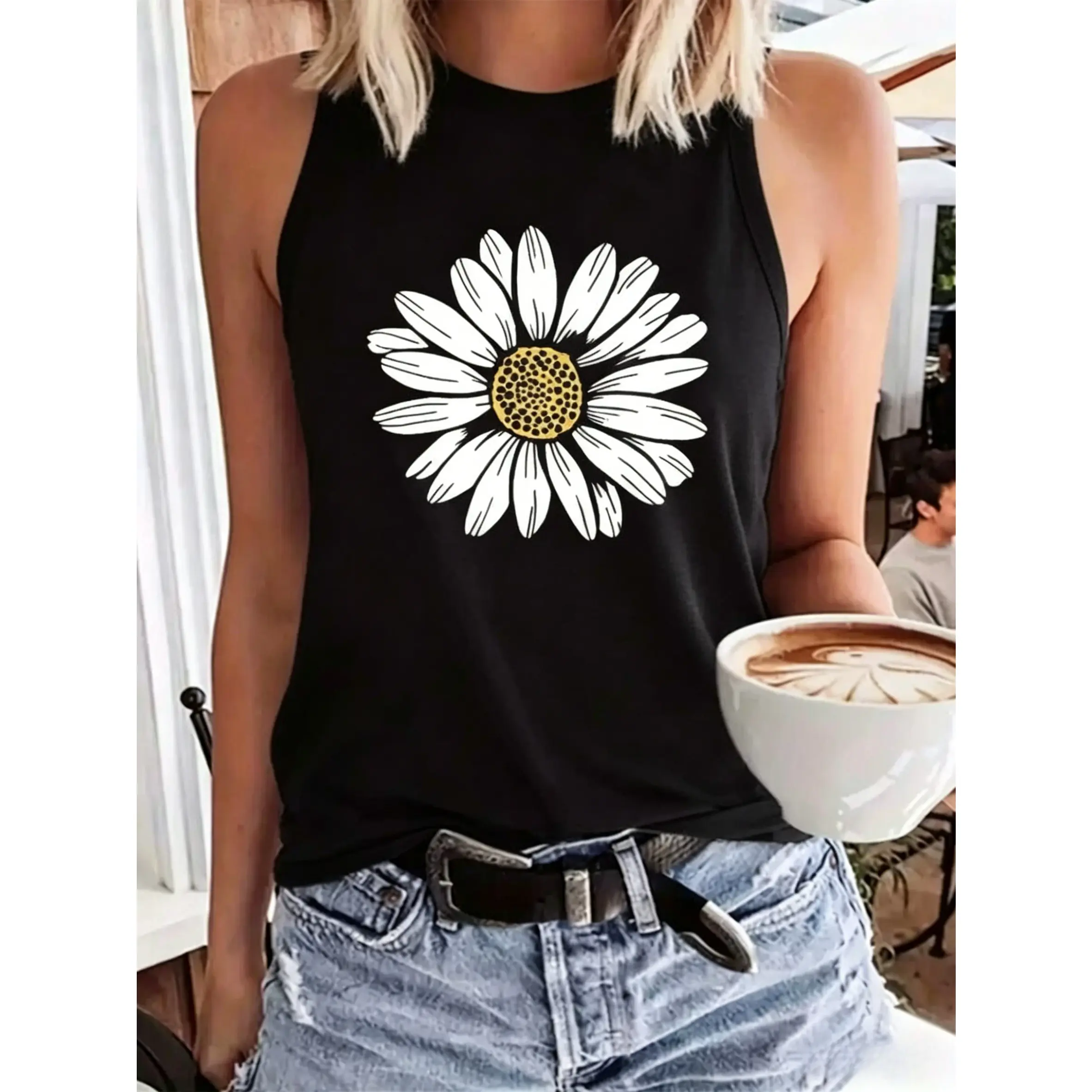 Women's Sunflower Print Tank Top in a Soft Rayon Blend, Preppy Sleeveless Style with a Comfortable Athletic Fit for Casual Daily Wear, Fits, Polyester, Fabric, Spandex, Elastane, Holiday, All Season, Cold Wash, Basic, Vest, Fashion Apparel, Racerback, All