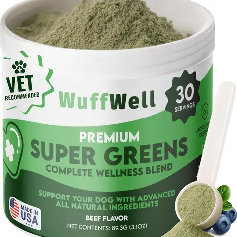 WuffWell Premium Super Greens Complete Wellness Blend for Dogs - Beef Flavor, 30 Servings, Vet Recommended, Made in USA, Supports Joint Flexibility & Immune Resilience