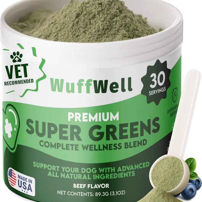 WuffWell Premium Super Greens Complete Wellness Blend for Dogs - Beef Flavor, 30 Servings, Vet Recommended, Made in USA, Supports Joint Flexibility & Immune Resilience
