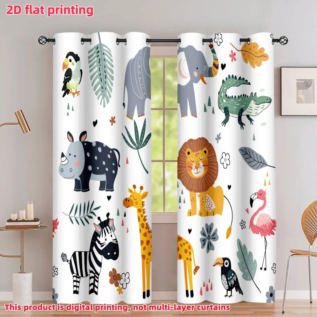 2D Flat 2Pcs Cartoon Safari Animal Print Home Decoration Curtain, Semi-Shade, Perforated Design, for Living Room Bedroom, Anti Privacy, Curtain Panels, Window Curtains