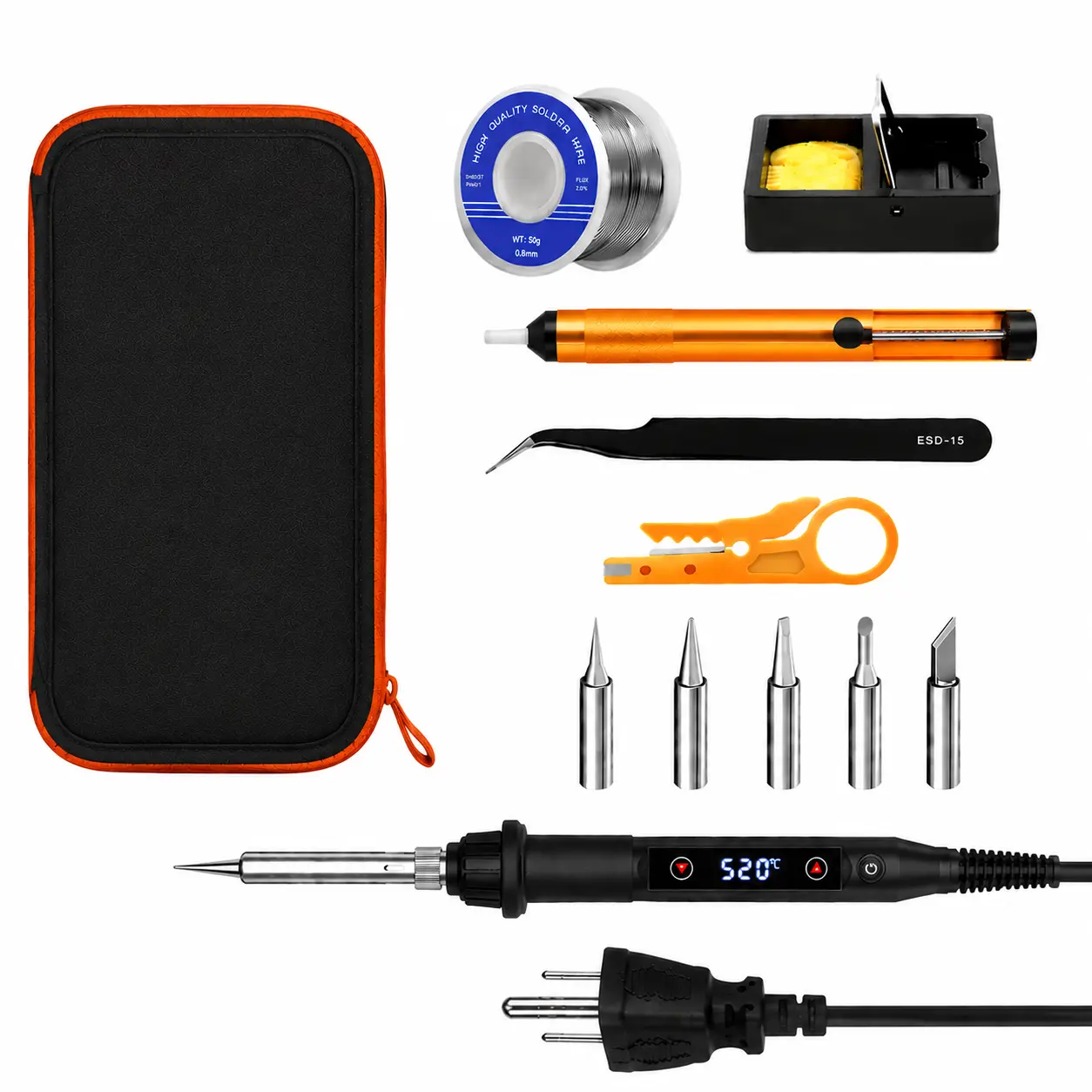 80W LCD Digital Adjustable Temperature Electric Soldering Iron Kit, 15s Fast Heating (356-968℉) LED Soldering Tool with Solder Wire, 5 Tips, Desoldering Pump, Stand, Tweezers for Precision Electronics Welding Repair