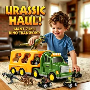 7-in-1 Dinosaur Monster Truck Carrier Toy Set with 3 Dino Cars & Figures, Perfect Storage Toy Gift for Boys Age 3+