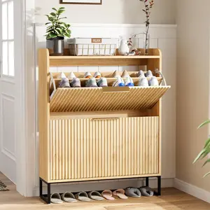 VINGLI Fluted Shoe Cabinet Storage for Entryway,Hidden Shoes Storage Cabinet with 2 Flip Drawers, Mid Century Modern Shoe Rack Organizer,Free Standing Shoes Organizer for Hallway(Natural Oak) Wood Water Proof