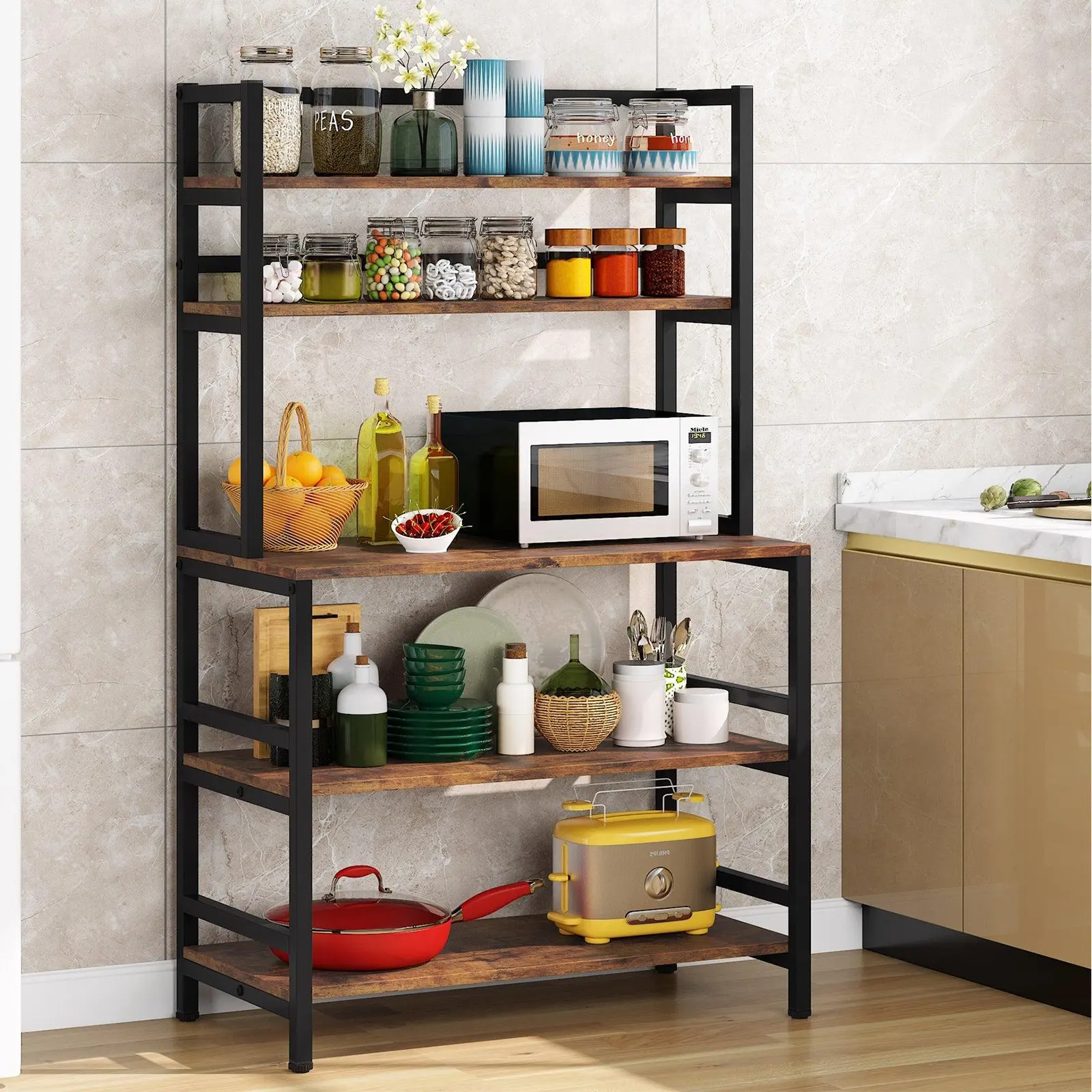 Spaco 5-Tier Adjustable High-Strength Metal Frame Baker's Rack with Hutch - Rustic Brown Open Design Floor-Standing Kitchen Furniture, Microwave Oven Stand, Utility Cart for Kitchen Organization