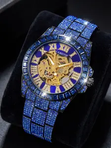 Blue Diamond Mechanical Watch, Luxury Hollow Design, Roman Numerals, Automatic Movement, Stainless Steel Case, Business & Daily Wear