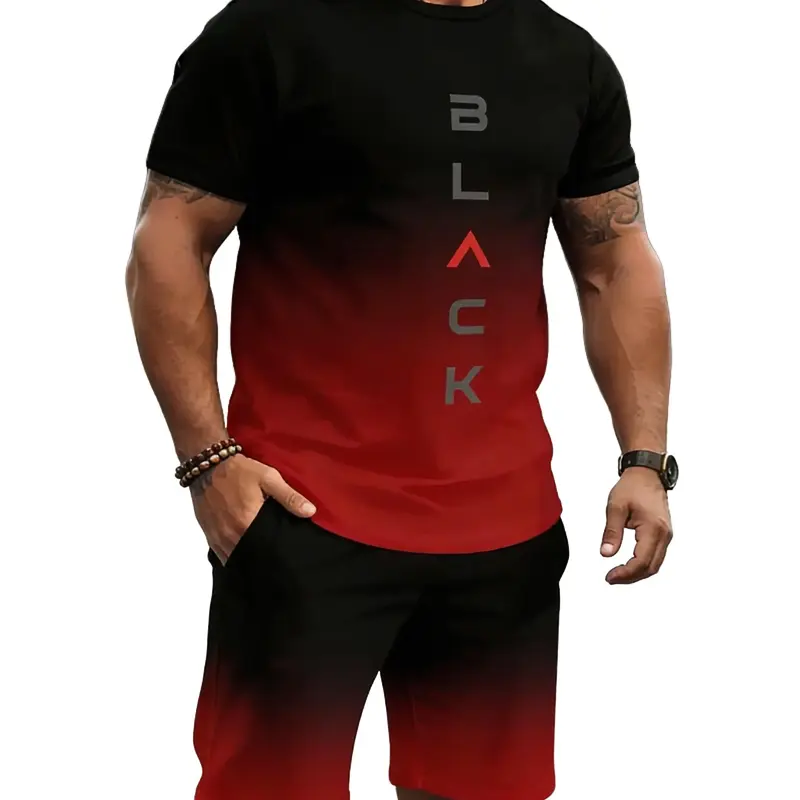 Men's 2-Piece Color Block Black Printed Casual Round Neck Short Sleeve T-Shirt & Shorts Set, Menswear for Summer Outdoor Activities, Father's Day Gift