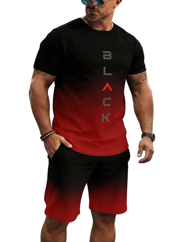 Men's 2-Piece Color Block Black Printed Casual Round Neck Short Sleeve T-Shirt & Shorts Set, Menswear for Summer Outdoor Activities, Father's Day Gift