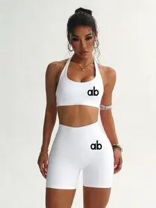 Women's Sexy Halter Sportswear Set, High Waist Shorts & Backless Top, Slimming Waist-Hip Ratio, Casual Daily Wear, Letter Print Details