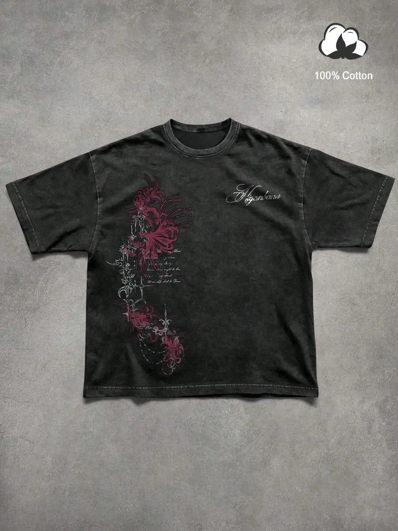 Unisex 100% Cotton Washed Vintage Spider Lily Print Oversized T-Shirt, Y2K Dark Gothic High-Street American Retro Streetwear Top