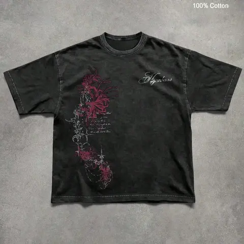 Unisex 100% Cotton Washed Vintage Spider Lily Print Oversized T-Shirt | Y2K Dark Gothic High Street American Retro Streetwear Top