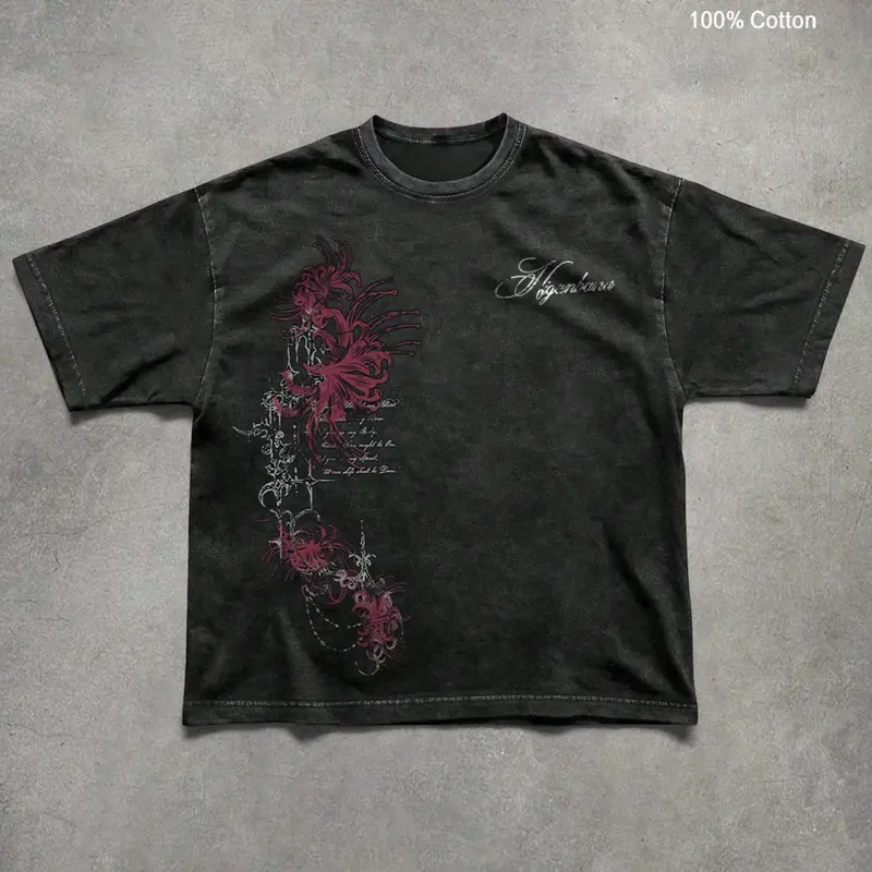Unisex 100% Cotton Washed Vintage Spider Lily Print Oversized T-Shirt | Y2K Dark Gothic High Street American Retro Streetwear Top