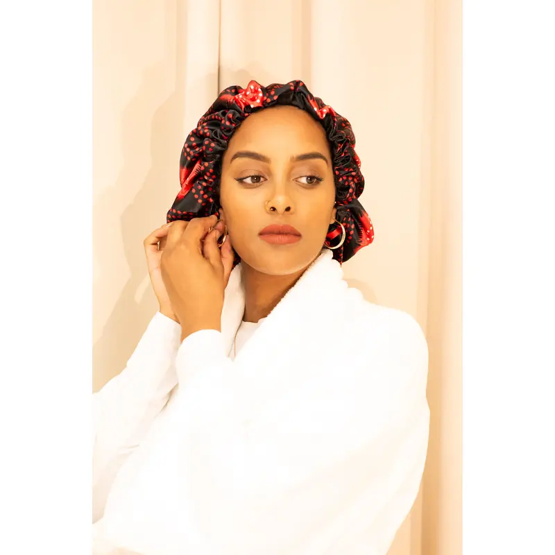 Women's Adjustable Sash Print Satin Sleep Bonnet Hat - Reversible Headband Style, Smooth Elastic Decorative Haircare Accessory for Adults, Daily Heatless Protection, Gentle Gliding Fabric