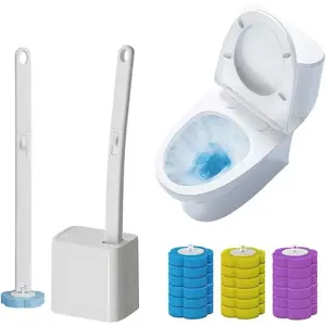 Disposable Toilet Brush Set for Bathroom Cleaning and Organizing - Plastic Holder, Extended Handle, 24 Disinfecting Heads, Hygienic Cleaning Solution (White)