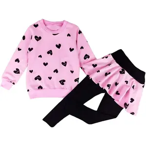 P-GCS09   Little Girls Valentines Outfit Heart Print Sweatshirt Top Long Pantskirts 2pcs Baby Pant Set for Toddlers Kids