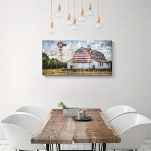 1pc Vintage American Flag Painting on Old Barn Wall Art Gray Windmill Landscape Rustic Farmhouse Canvas Print for Home Living Room Bedroom Bathroom Decor Ready to Hang Ornaments Artistic Decoration Photo