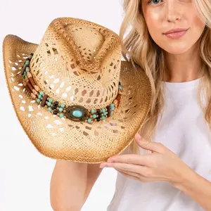 Cowboy Hat - Natural Woven Design with Decorative Beads and Center Closure straw  hat cowboy  hats lexi  rae  straw  hat