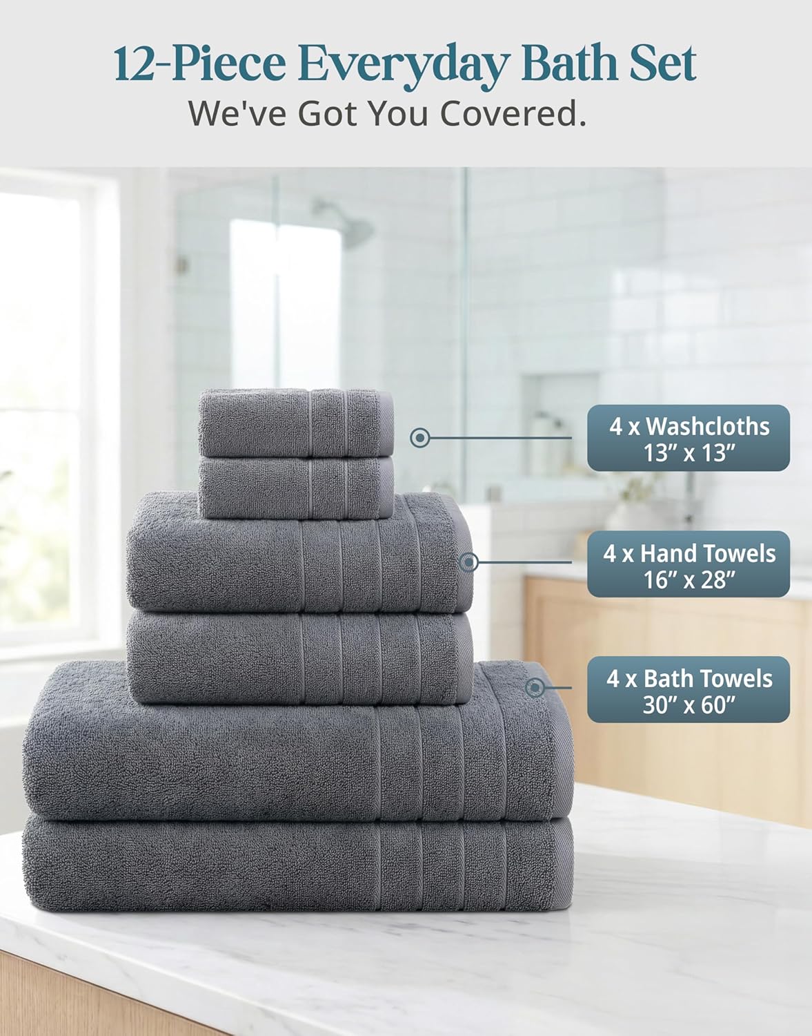 100% Cotton Towels Set for Bathroom - 12 Pc Family Pack - Super Soft & Quick Dry - 4 Bath, 4 Washcloth, 4 Hand Towels - Oeko TEX Certified, Machine Washable & Durable - Cool Grey