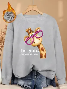 Women's Fall Winter Round Neck Long Sleeve Faux Fur Top, Cute Glasses Long Neck Giraffe Print, Soft Comfortable Casual Daily Wear