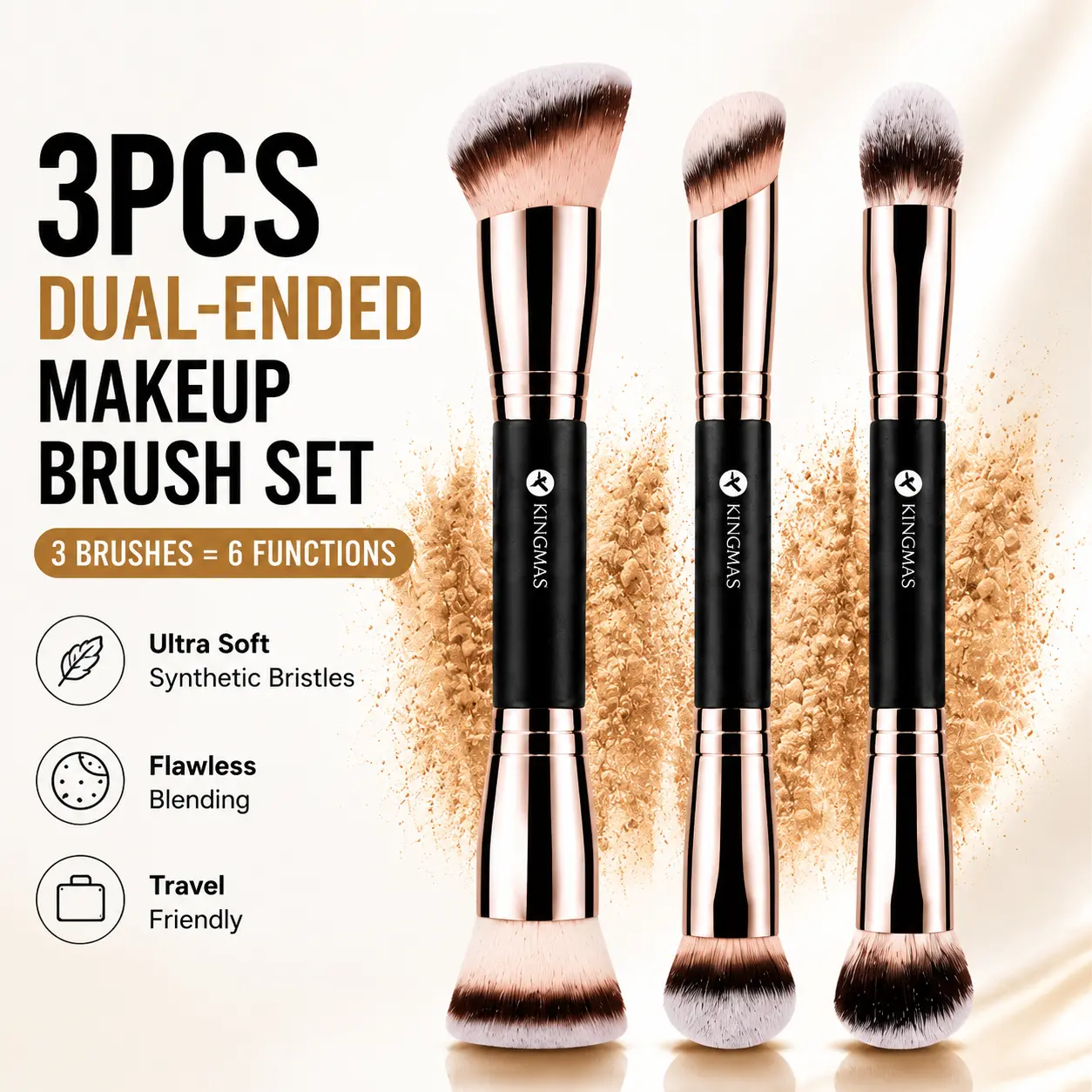 KINGMAS 3PCS Dual-Ended Makeup Brush Set, 6-in-1 Ultra Soft Face Brushes for Foundation, Contour, Blush & Highlight, Flawless Everyday Makeup