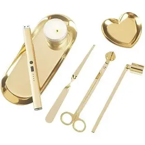6 in 1 Candle Wick Trimmer Cutter,Candle Lighter Rechargeable, Candle Snuffer Extinguisher, Candle Wick Dipper, Candle Care Kit, Candle Accessory Set with Storage Tray Plate for Candle Lover (Gold-02)