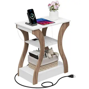 3 Tier End Table with USB & Charging Station White Storage Shelf for Living Room