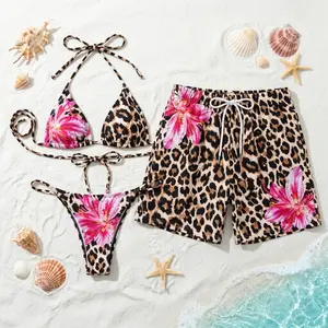 [HOT SUMMER 2026] Leopard Floral Matching Couple Swimwear Set – Pink Flower Bikini & Men’s Swim Trunks, Tropical Beach Outfit