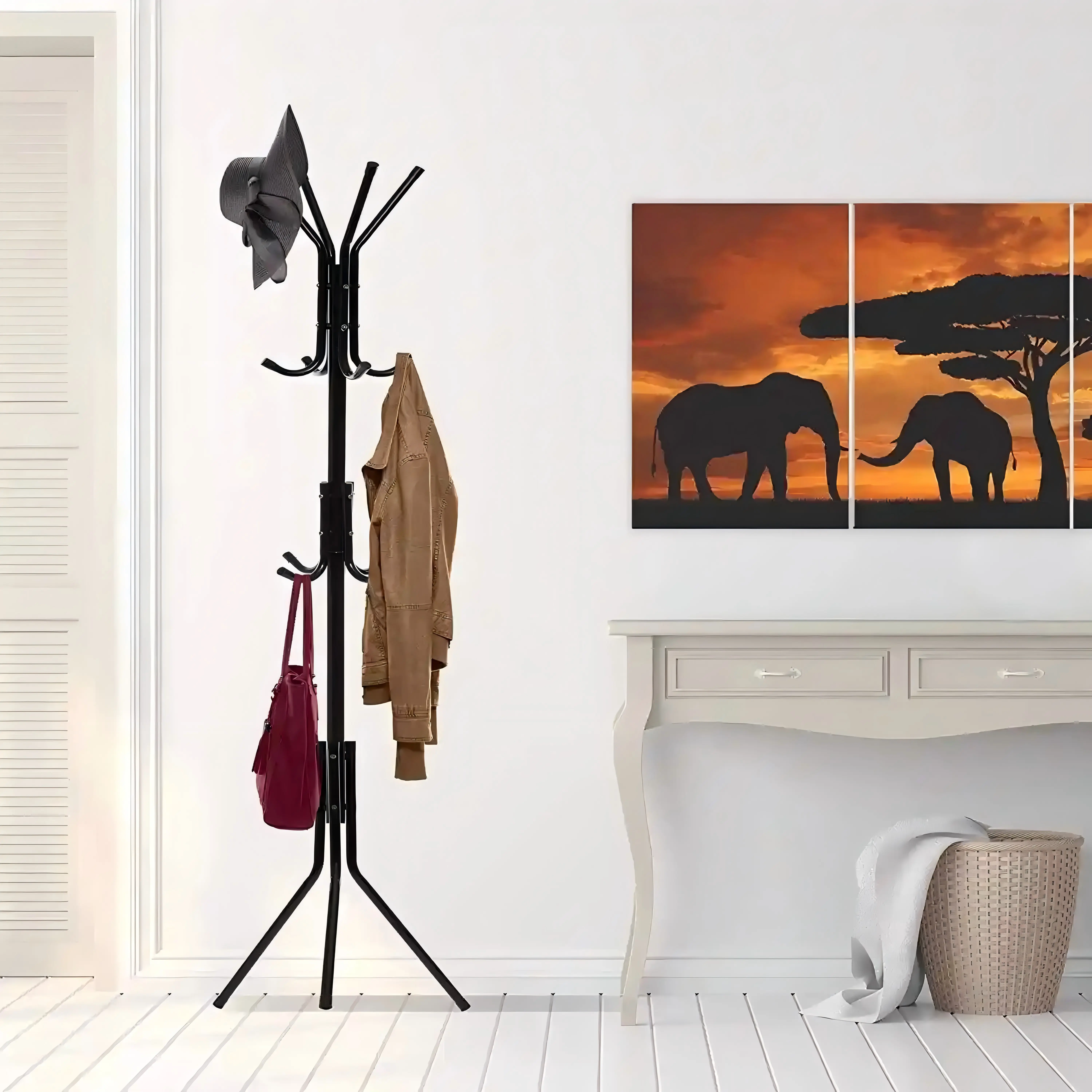 Freestanding Hall Tree Coat Rack - 12 Metal Hooks, 3-Tier Entryway Organizer for Coats, Hats, Purses, Sturdy Triangular Space-Saving Home Furniture with Complete Accessories & Instructions for Interior, Closet Storage, Room Reset, House Reset, Cleaning An