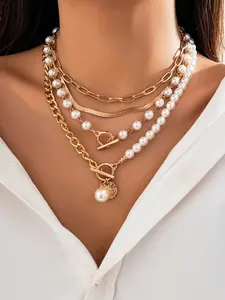 4-Piece Baroque Pearl Necklace Set, Creative Irregular Chain Collar, Fashion Multi-Layer Pearl Bead Necklace, Ideal for Women, Daily & Holiday Wear