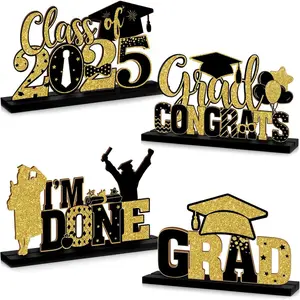 Class Of 2025 Graduation Themed Wooden Ornament, 4 Counts/set Graduation Table Topper, Graduation Party Decoration, Home Decor, Masks, Halloween, Graduation Party Supplies