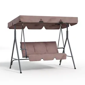 Outdoor Porch Swing with Adjustable Canopy, 3-Seat Porch Swing with Stand Removable Cushion, Powder-Coated Steel Frame, Patio Swing for Porch, Backyard, Garden, Brown