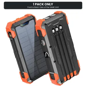 [1-Pack] 42800mAh Power Bank w/ Built-in 4 Cables, Thermometer, 15W Fast Charge, Solar Charger, 5/3 Ports, SOS Light, IR Indicator & Carabiner for Phone Smartphone