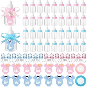 162 Pcs Gender Reveal Baby Shower Favors 48 Mini Milk Bottles Plastic Baby Candy Bottle 48 Mini Pacifiers Tiny Plastic Pacifiers 64 Pcs It's a Boy Girl Gender Reveal Stickers 2 Roll Ribbon