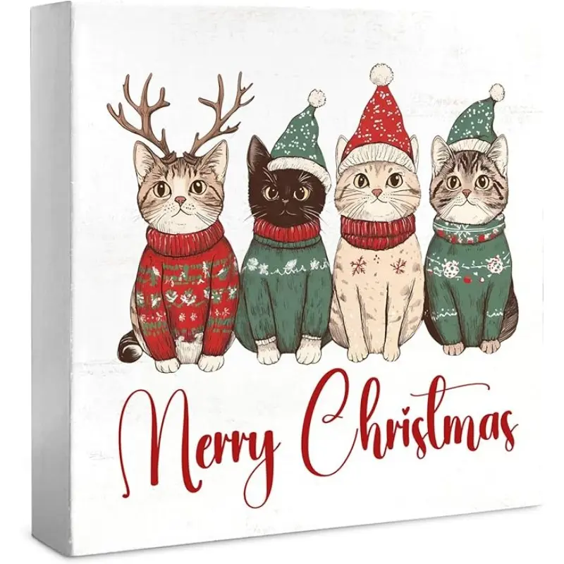 Cute Christmas Cats Desk Decor Wooden Box Sign, Christmas Decorations for Home Kitchen Bedroom Bathroom Shelf Table, Holiday Desk Decor Indoor, Gifts for Cat Lovers, 5x5 Inch