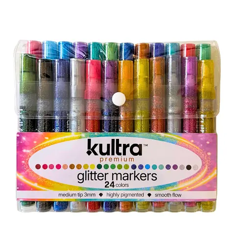 Kultra 24-Color Glitter Markers | Dual Tip Water-Based Glitter Pens for Coloring Books & Crafts