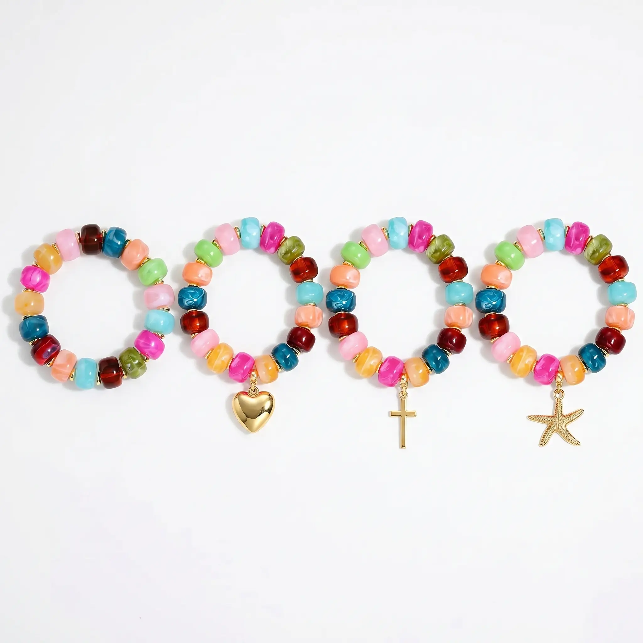 Y2K Chunky Jelly Resin Beaded Bracelet | Colorful Candy Charm Bangle with Heart, Starfish & Cross | Trendy Dopamine Jewelry
