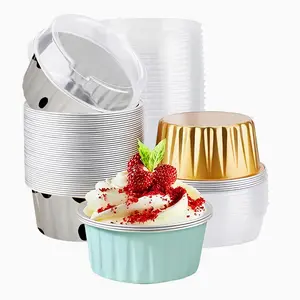50PCS Mixed color Disposable Ramekins with lids,5oz Mini Aluminium Foil Baking Cups Creme Brulee Cupcake Liners, Desert Cheesecake Pans Flan Molds Tin Cups Containers for Party