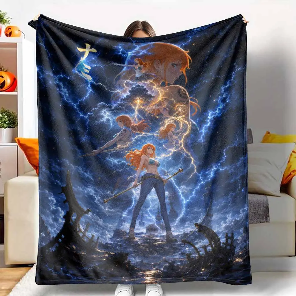 Lightning Ocean Anime Girl Flannel Blanket Electric Storm Print Soft Cozy Warm Plush Lightweight for Bedroom Living Room Sofa Travel Camping Gift Home Decor