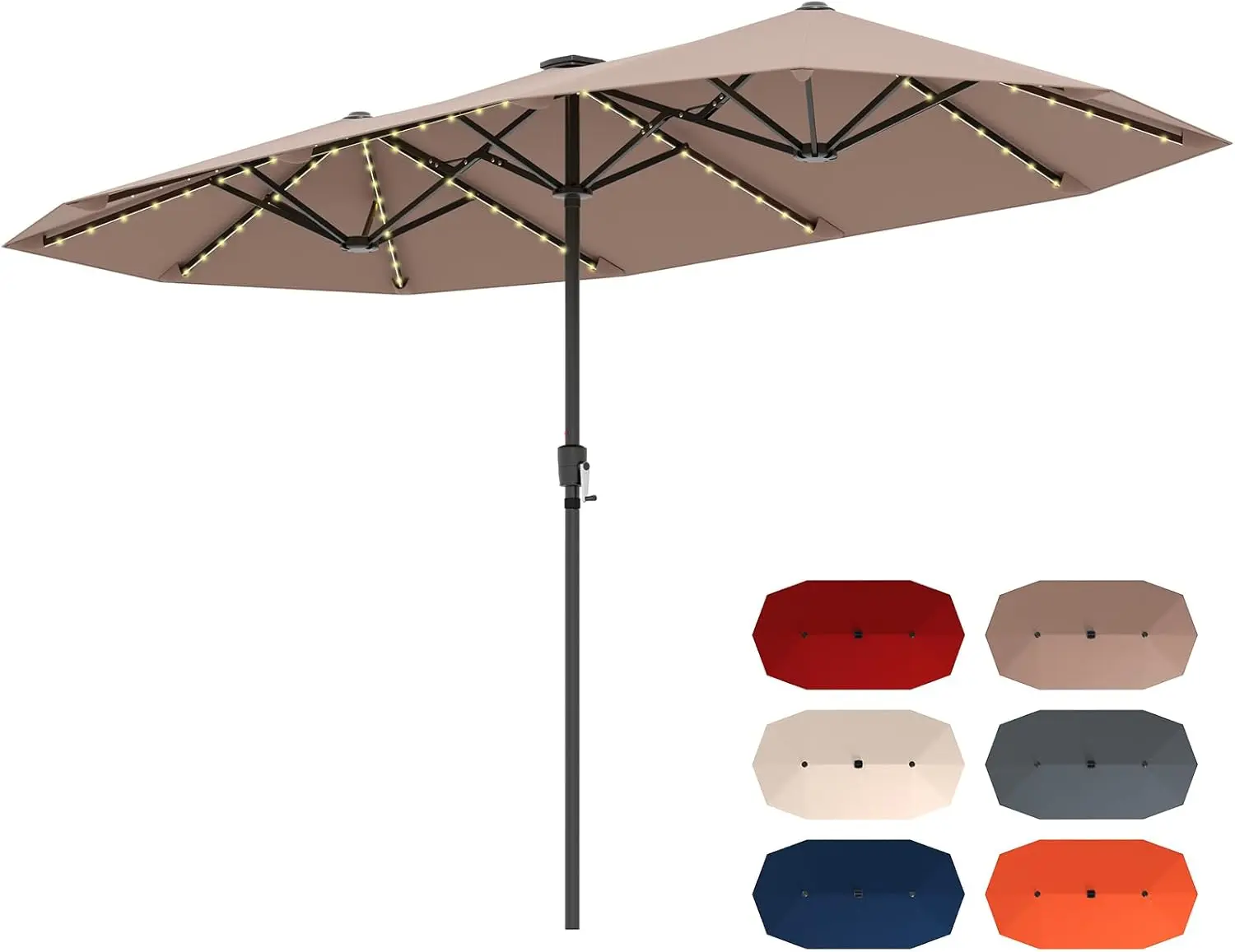 VALLMORE 13 FT Double-Sided Solar LED Patio Umbrella with 108 LED Lights, 12-Rib Rectangular Twin Market Umbrella, 6-8H Solar Illumination, 180GSM Waterproof Canopy, Crank for Garden Deck Lawn Pool (Beige/Coffee/Grey/Navy/Orange/Wine)