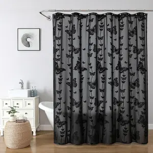 Butterfly Embroidery Flocking Design Shower Curtain Grey Sheer Shower Curtain for Bathroom Vintage Aesthetic Decor Bathroom Waterproof Shower Cutain, 12 Pcs Plastic Hooks, 72x72in